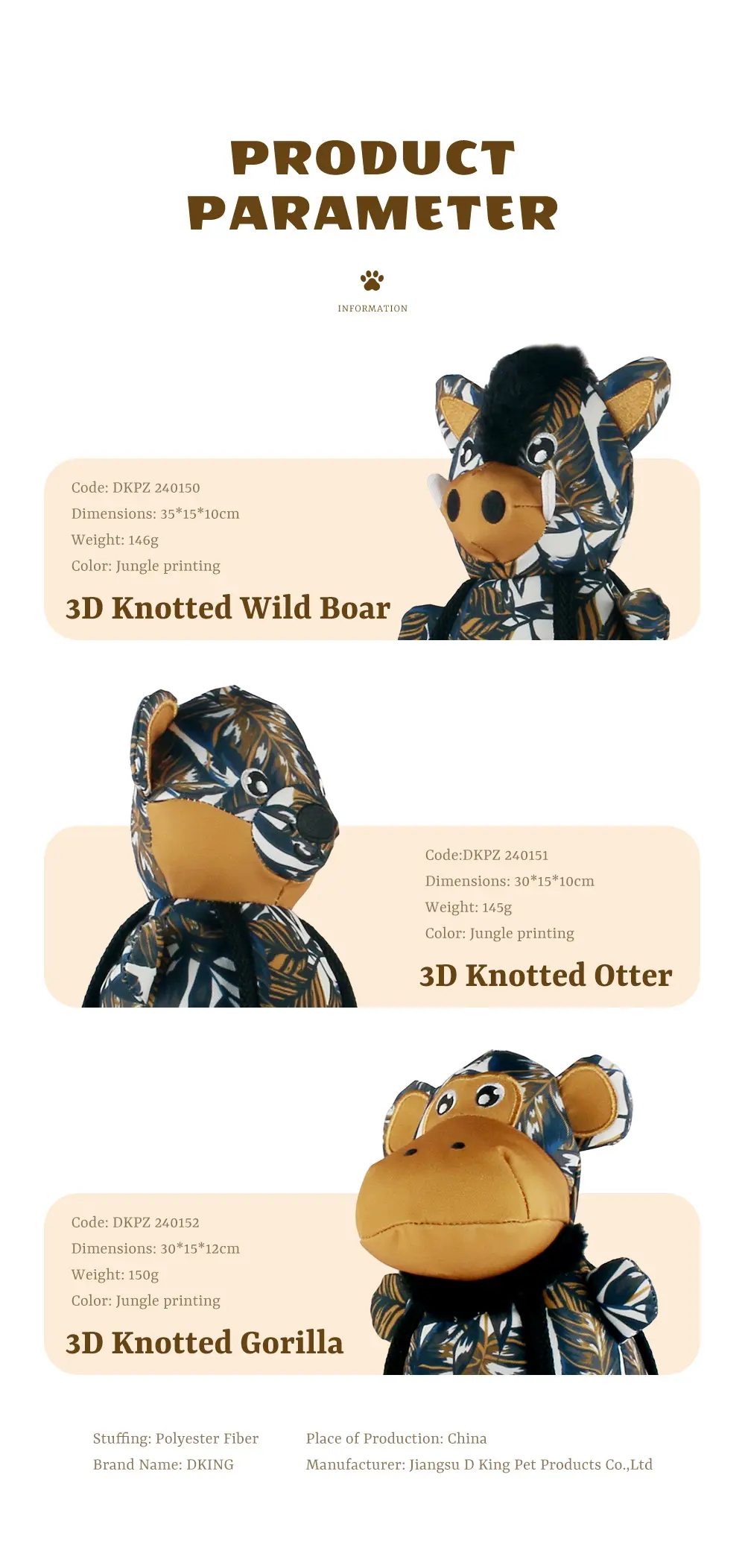 Dog Plush Toy Series 3D Knotted Wild Boar,3D Knotted Otter3D Knotted Gorilla (6)
