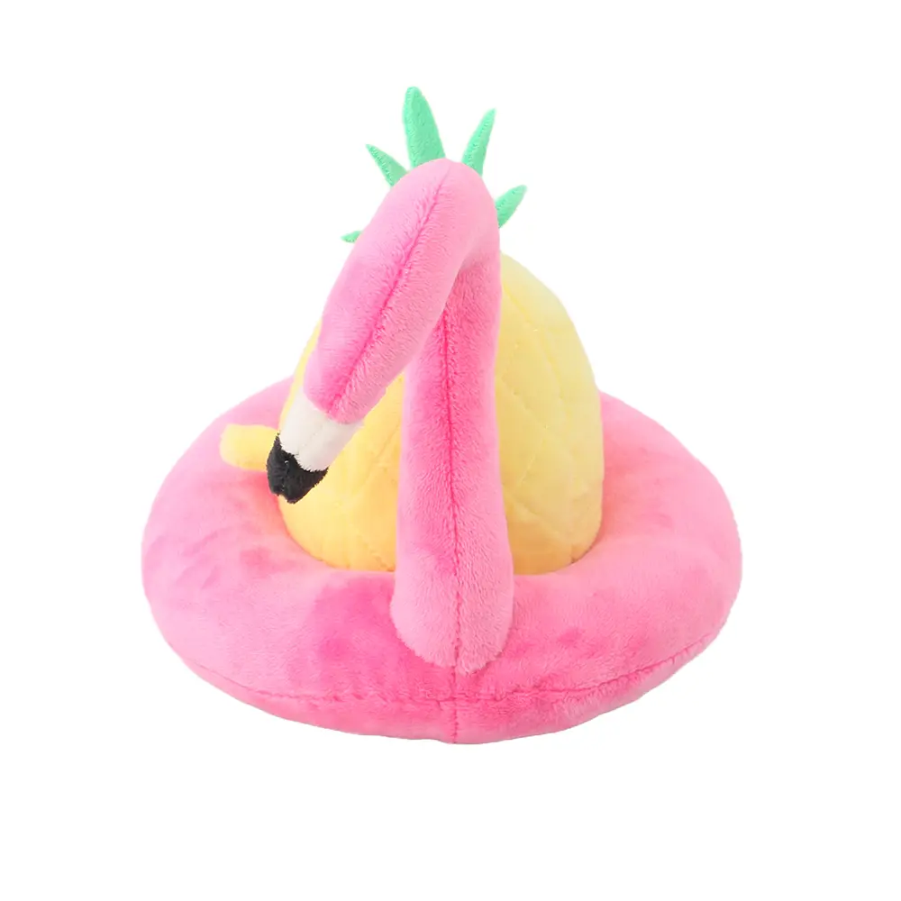 A cute and fun pet plush toy. The pineapple in the flamingo swimming ring is really eye-catching