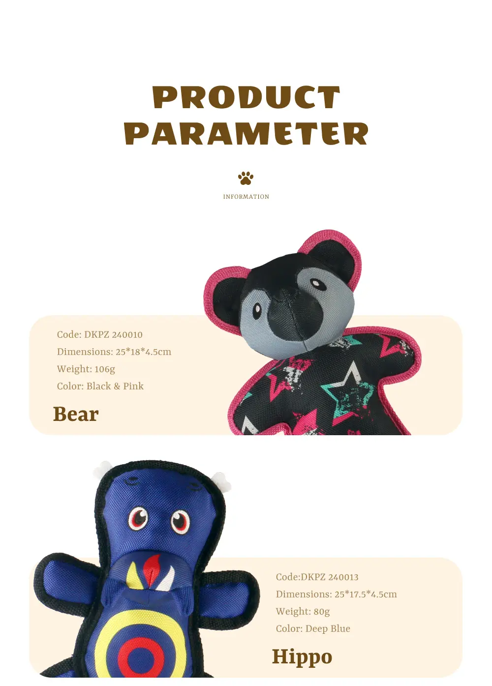 Dog Chew-Resistant Interactive Plush Toy Series:Bear, Hippo, Hippo, Elephant, Sloth (7)