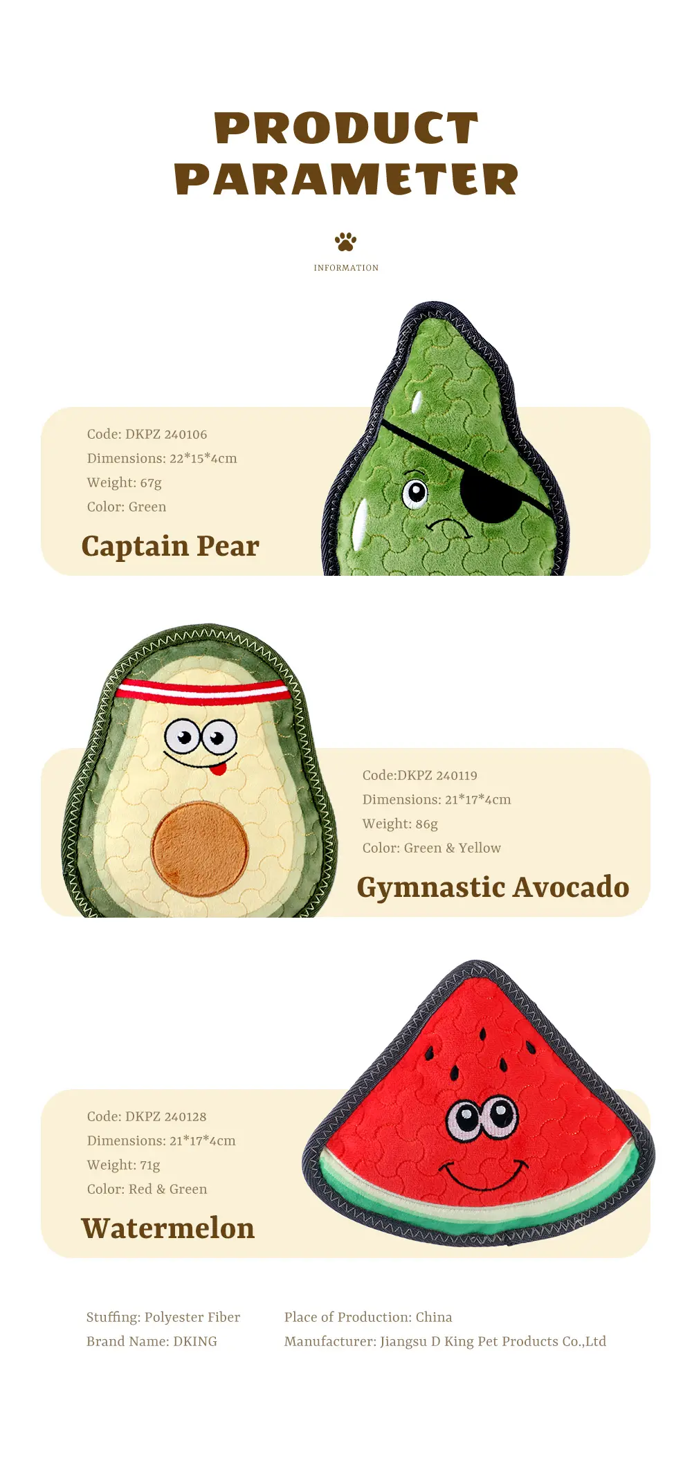 Latest Dog Plush Toy Series Captain pear, Gymnastic avocado, Watermelon (7)