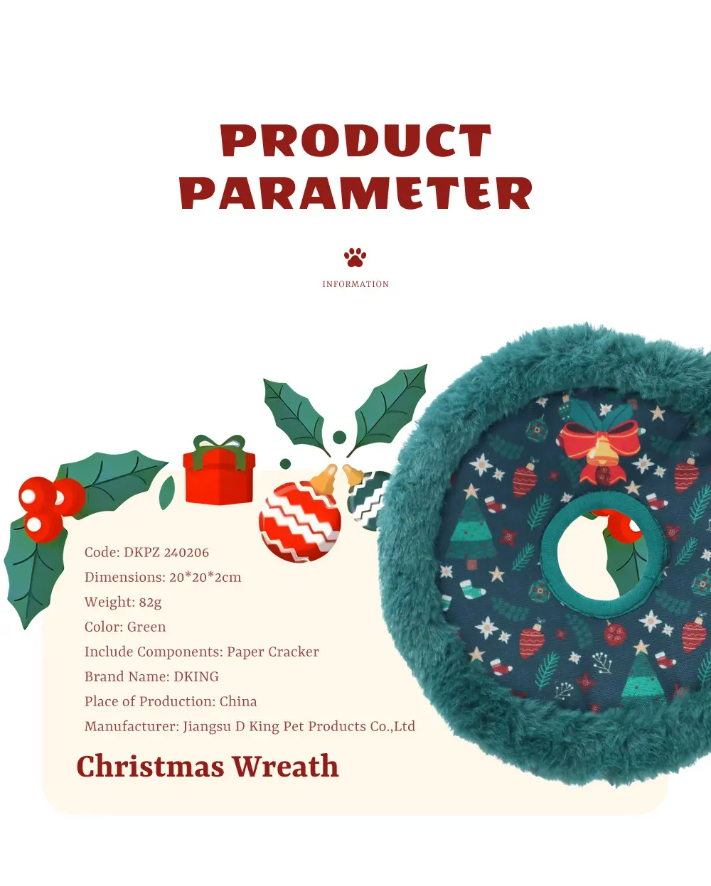 A Christmas Wreath-Inspired Doggy Plush Toy, Adorned With Festive Decorations, Brings Joy And Warmth, Evoking The Holiday Spirit And Your Dog's Cuteness (18)