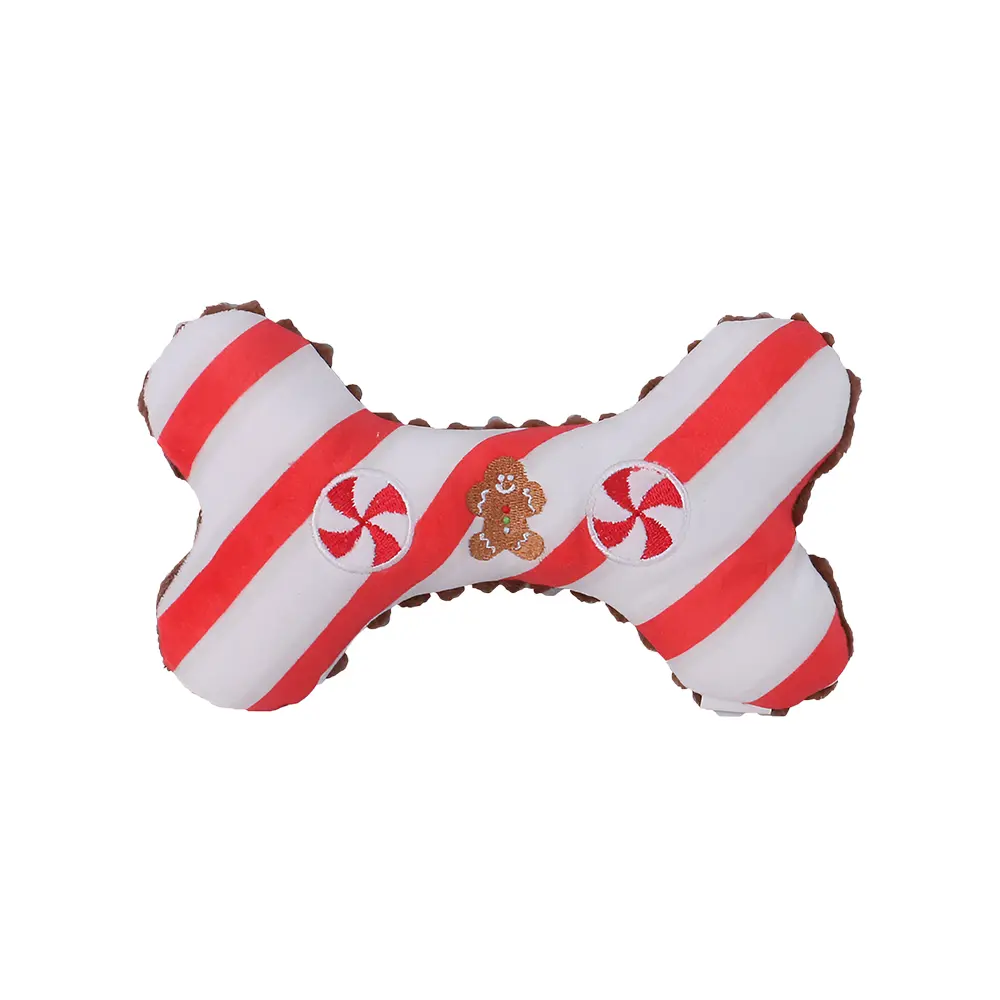 Striped Gingerbread Man Bone Pet Chewable Interactive Plush Toy