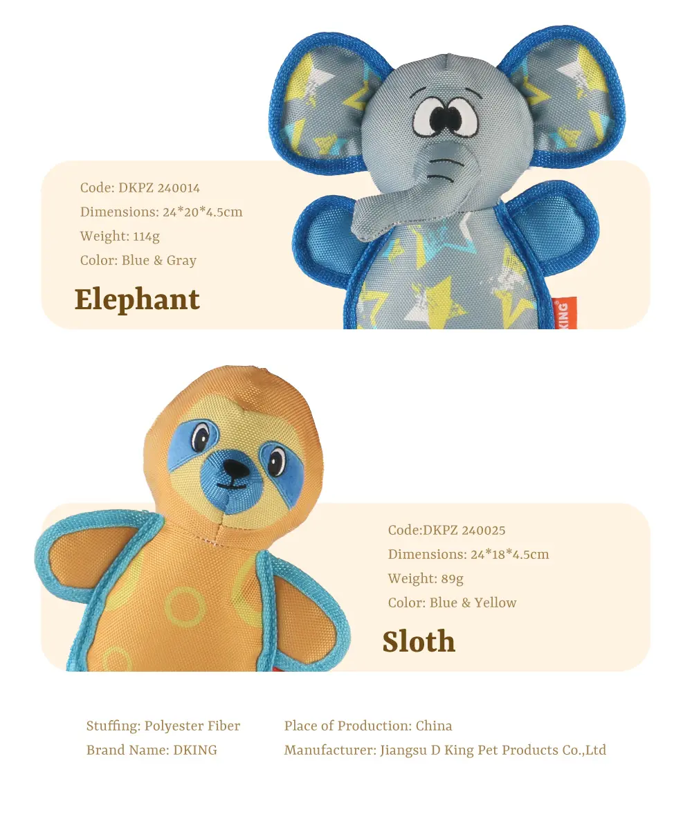 Dog Chew-Resistant Interactive Plush Toy Series:Bear, Hippo, Hippo, Elephant, Sloth (8)