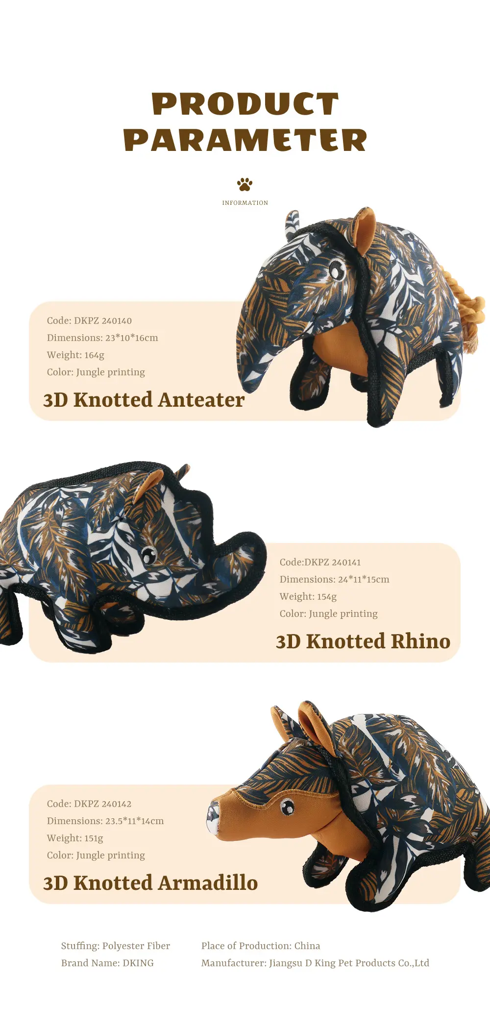 Latest Rope Plush Toys 3D Knotted Anteater, 3D Knotted Rhino, 3D Knotted Armadillo (6)