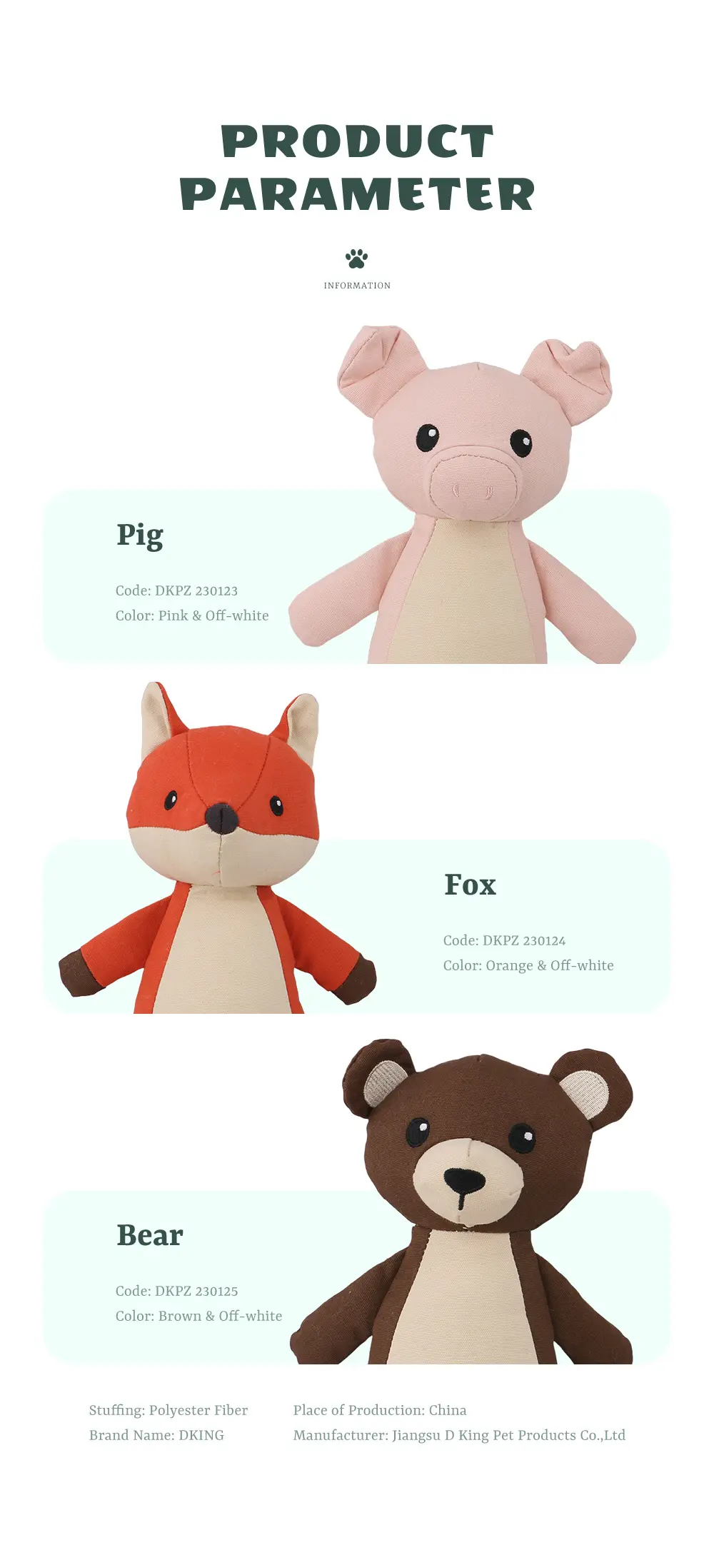 Cute Animal Series Plush Toys, Adorable Appearances, Safe Materials, Accompanying Growth:Pig,Fox,Bear (6)